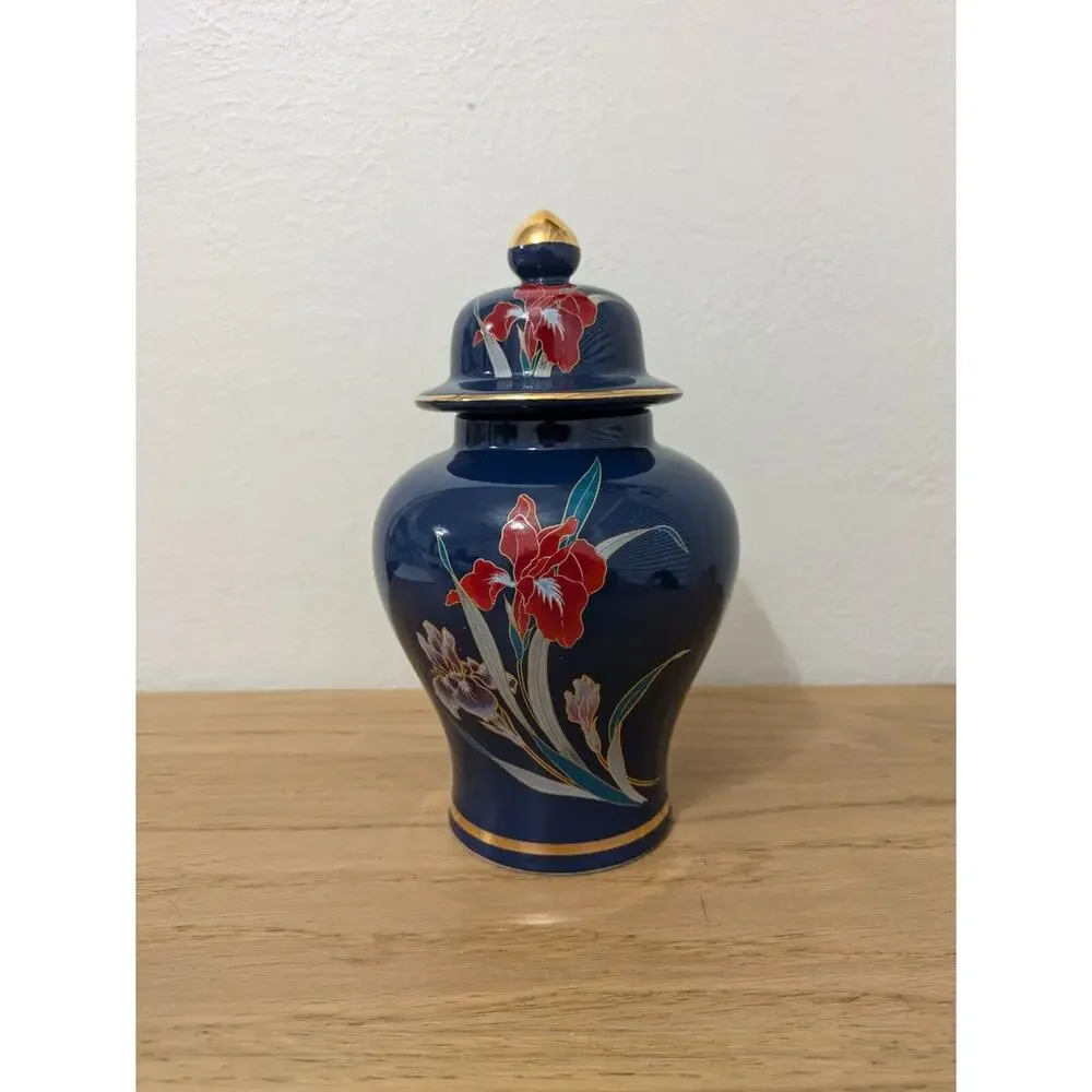 Vintage Japan Vase with Lid Floral Blue &‎ Gold Porcelain Fine China Decor